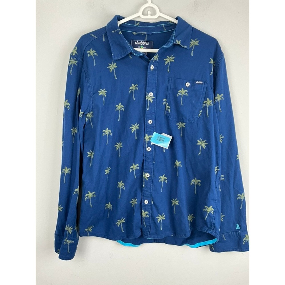 Chubbies Men's Blue Palm Tree Print Long Sleeve‎ Button Up Shirt Medium